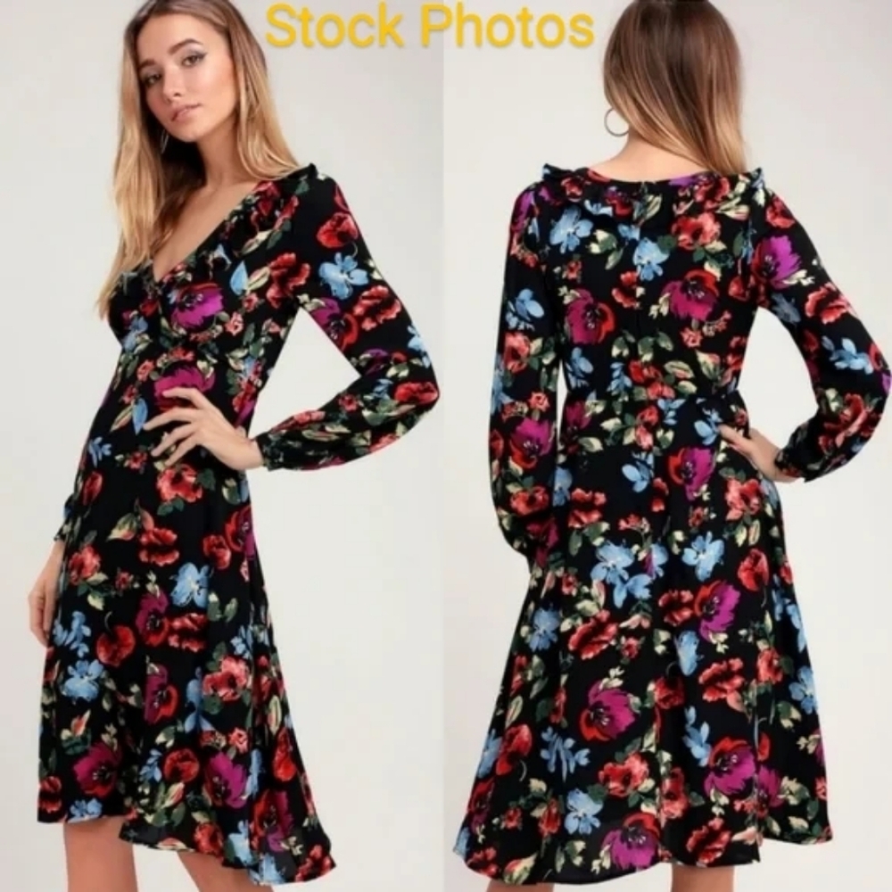 Lulus Beloved Blooms Black Floral Long Sleeve Dress with Ruffle Small